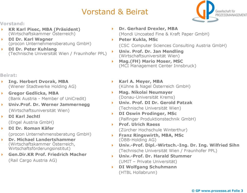 Pisec, MBA (Präsident) (Wirtschaftskammer Österreich) DI Dr. Karl Wagner (procon Unternehmensberatung GmbH) DI Dr. Peter Kuhlang (Technische Universität Wien / Fraunhofer PPL) Beirat: Ing.