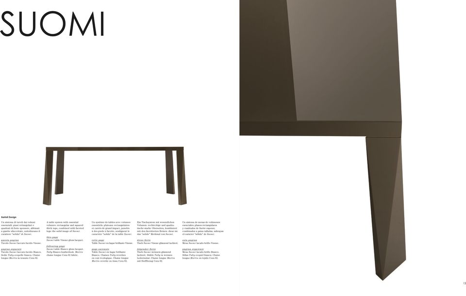 A table system with essential volumes: rectangular and squared thick tops, combined with faceted legs: the solid image of Suomi. this page Suomi table Visone gloss lacquer.
