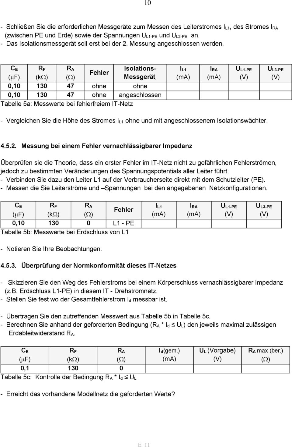 0,10 130 47 ohne ohne 0,10 130 47 ohne angeschlossen Tabelle 5a: Messwerte bei fehlerfreiem IT-Netz I RA - Vergleichen Sie die Höhe des Stromes ohne und mit angeschlossenem Isolationswächter. 4.5.2.