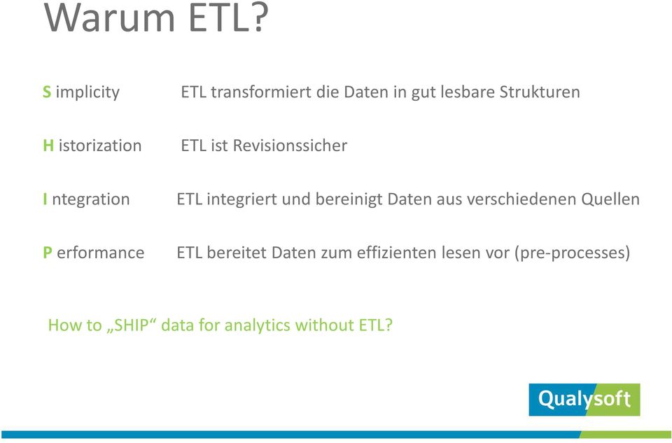 istorization ETL ist Revisionssicher I ntegration ETL integriert und