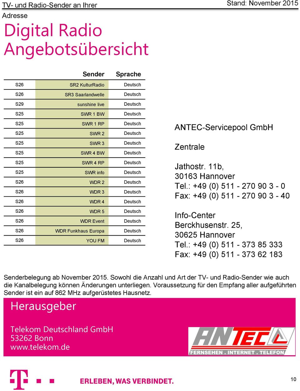 S26 YOU FM Deutsch ANTEC-Servicepool GmbH Zentrale Jathostr. 11b, 30163 Hannover Tel.: +49 (0) 511-270 90 3-0 Fax: +49 (0) 511-270 90 3-40 Info-Center Berckhusenstr. 25, 30625 Hannover Tel.