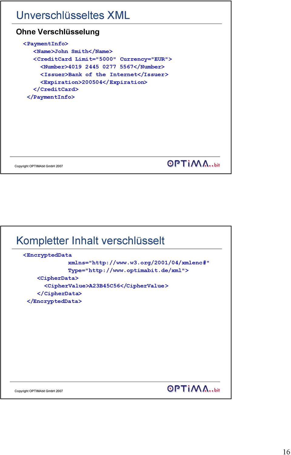 <Expiration>200504</Expiration> </CreditCard> </PaymentInfo> Kompletter Inhalt verschlüsselt <EncryptedData