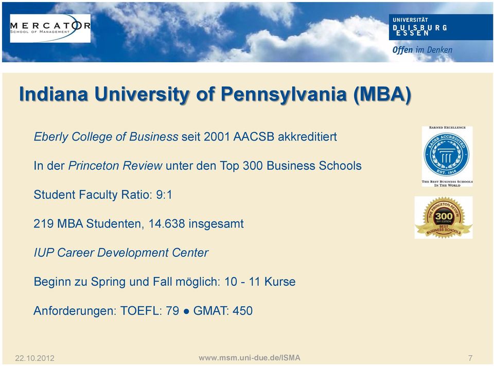 Faculty Ratio: 9:1 219 MBA Studenten, 14.