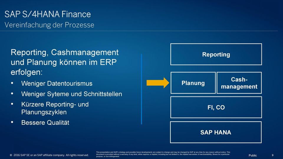 Kürzere Reporting- und Planungszyklen Bessere Qualität Planung Reporting FI, CO SAP