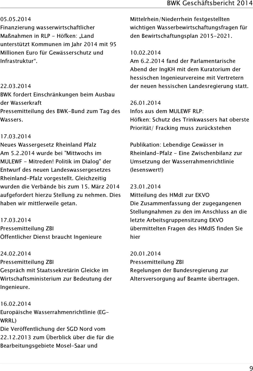 Politik im Dialog" der Entwurf des neuen Landeswassergesetzes Rheinland-Pfalz vorgestellt. Gleichzeitig wurden die Verbände bis zum 15. März 2014 aufgefordert hierzu Stellung zu nehmen.