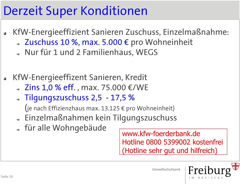 75.000 /WE Tilgungszuschuss 2,5-17,5 % (je nach Effizienzhaus max. 13.