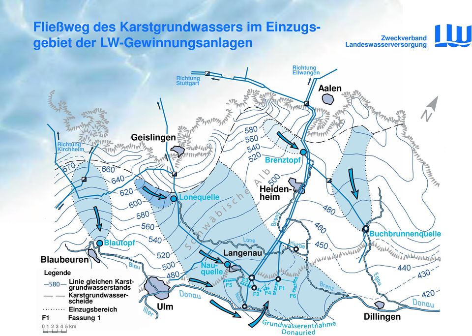 Blaubeuren Legende 580 Linie gleichen Karstgrundwasserstands Karstgrundwasserscheide