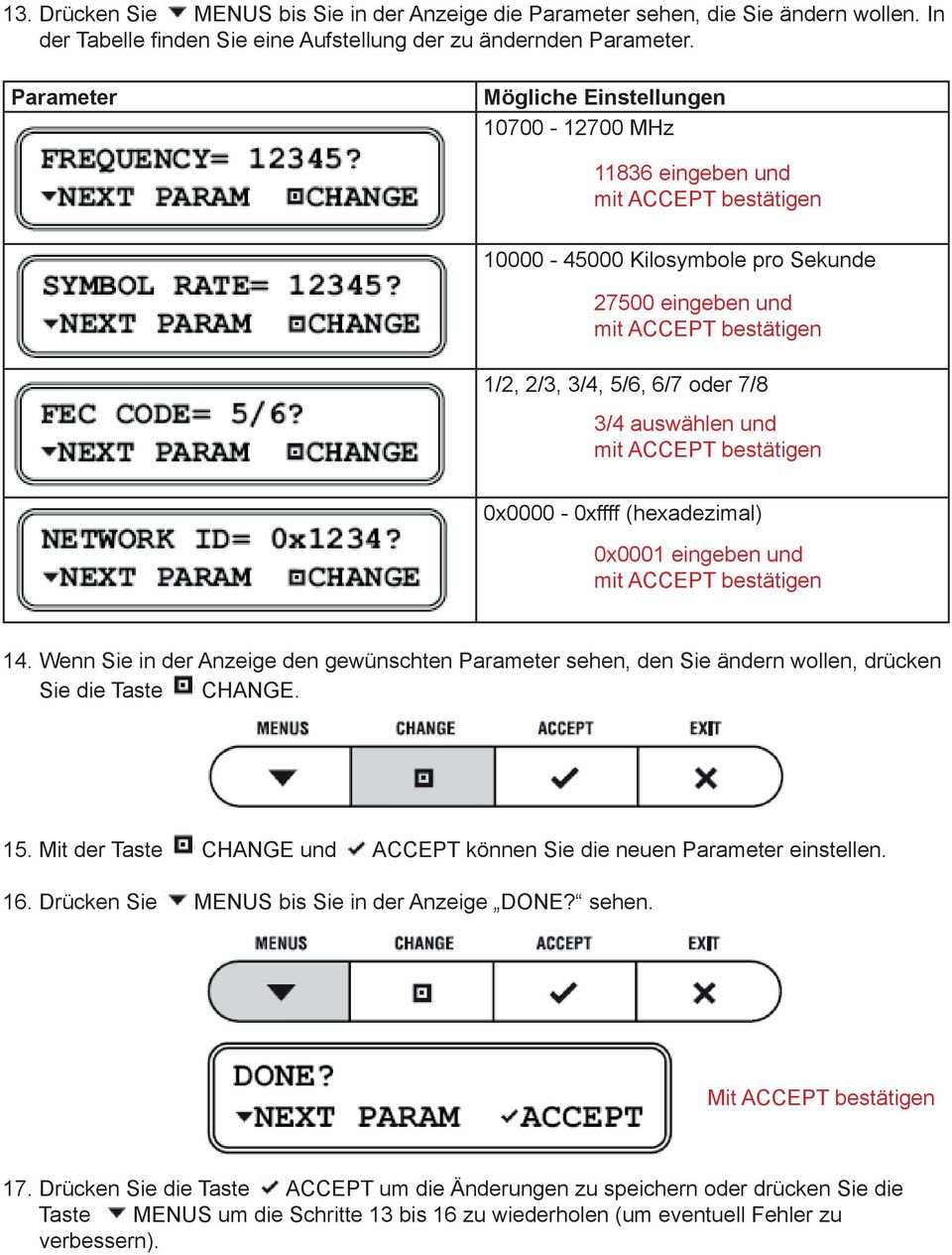 (hexadezimal) 0x0001 eingeben und 14. Wenn Sie in der Anzeige den gewünschten Parameter sehen, den Sie ändern wollen, drücken Sie die Taste CHANGE. 15.