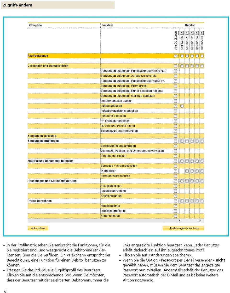 Klicken Sie auf die entsprechende Box, wenn Sie möchten, dass der Benutzer mit der selektierten Debitorennummer die links angezeigte Funktion benutzen kann.