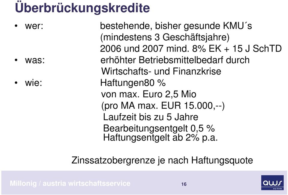 Haftungen80 % von max. Euro 2,5 Mio (pro MA max. EUR 15.