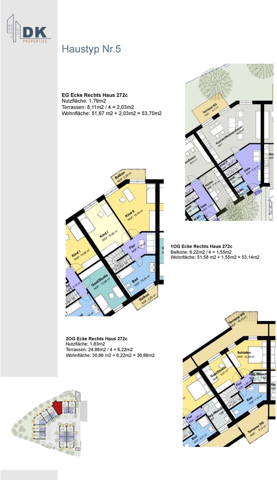 Wohnfläche: 51,67 m2 + 2,03m2 = 53,70m2 1OG Ecke Rechts Haus 272c Balkone: 6,22m2 /
