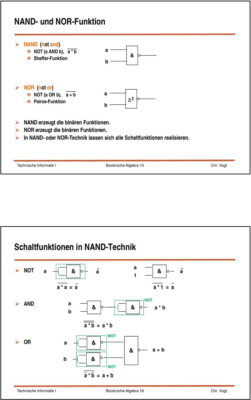 In NAND- oder NOR-Technik lssen sich lle Schltfunktionen relisieren. Technische Informtik I Boole sche Algebr 15 Chr.