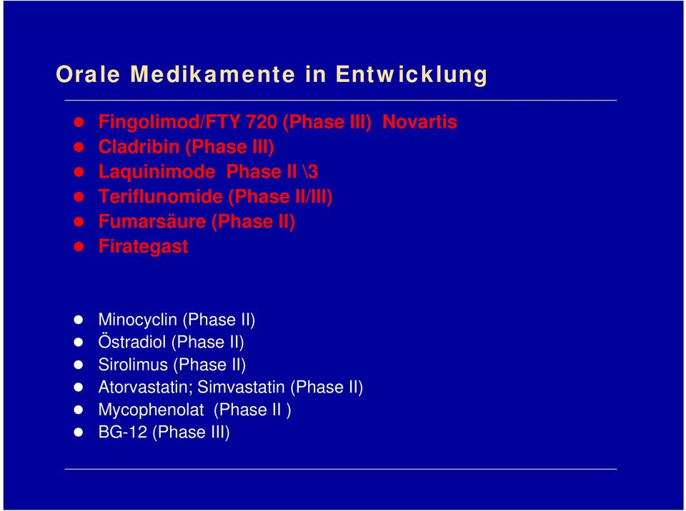 Fumarsäure (Phase II) Firategast Minocyclin (Phase II) Östradiol (Phase II)