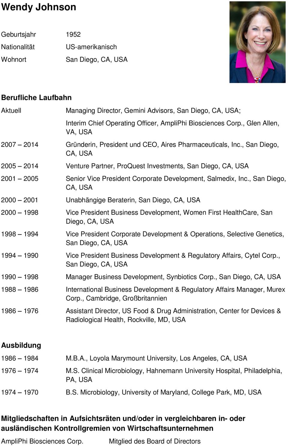, San Diego, CA, USA 2005 2014 Venture Partner, ProQuest Investments, San Diego, CA, USA 2001 2005 Senior Vice President Corporate Development, Salmedix, Inc.