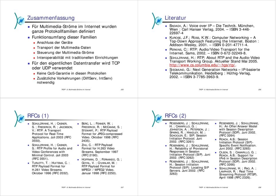 (DiffServ, IntServ) notwendig Literatur BADACH, A.: Voice over IP Die Technik. München, Wien : Carl Hanser Verlag, 2004. ISBN 3-446- 22697-4 KUROSE, J.F.; ROSS, K.W.: Computer Networking A Top-Down Approach Featuring the Internet.