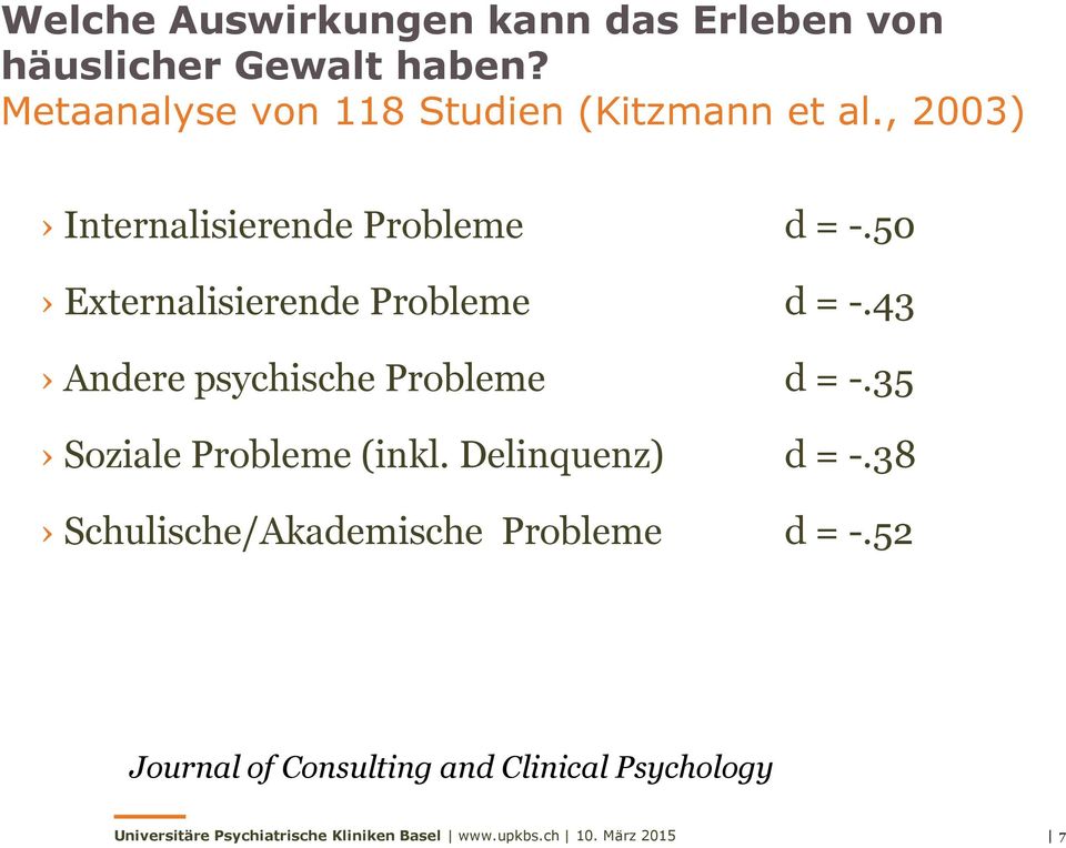 50 Externalisierende Probleme d = -.43 Andere psychische Probleme d = -.