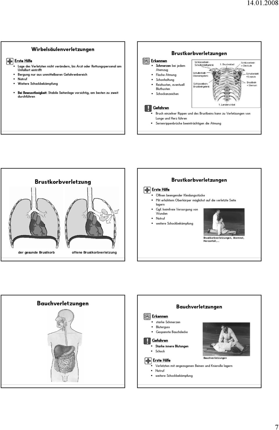 Brustkorbverletzungen Bruch einzelner Rippen und des Brustbeins kann zu Verletzungen von Lunge und Herz führen Serienrippenbrüche beeinträchtigen die Atmung Brustkorbverletzung Brustkorbverletzungen