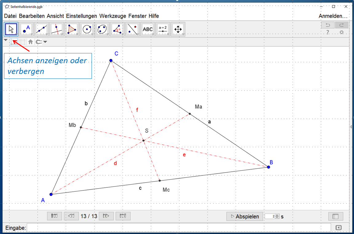 Beispiel 2 Man konstruiere den Schwerpunkt eines Dreiecks. Man zeichne das Dreieck ABC mit dem Werkzeug: Vieleck.