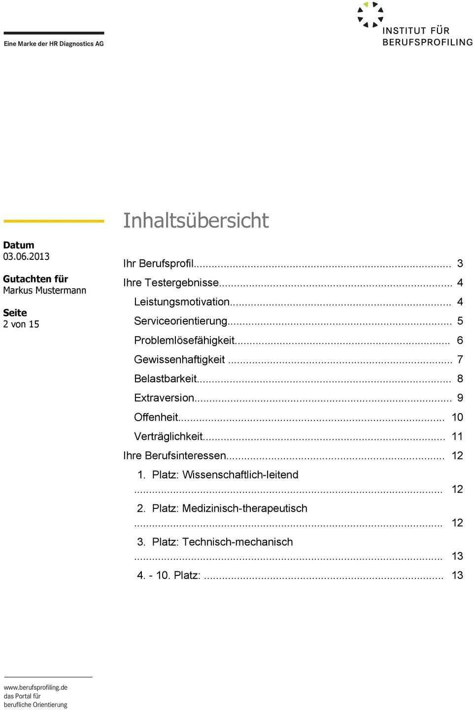 .. 8 Extraversion... 9 Offenheit... 10 Verträglichkeit... 11 Ihre Berufsinteressen... 12 1.