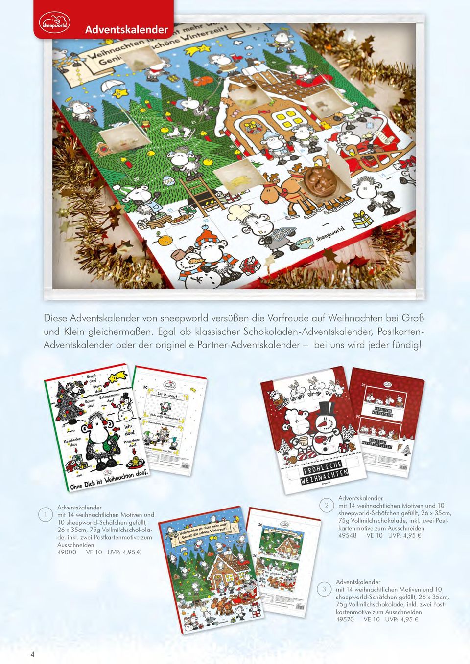 1 Adventskalender mit 14 weihnachtlichen Motiven und 10 sheepworld-schäfchen gefüllt, 26 x 35cm, 75g Vollmilchschokolade, inkl.