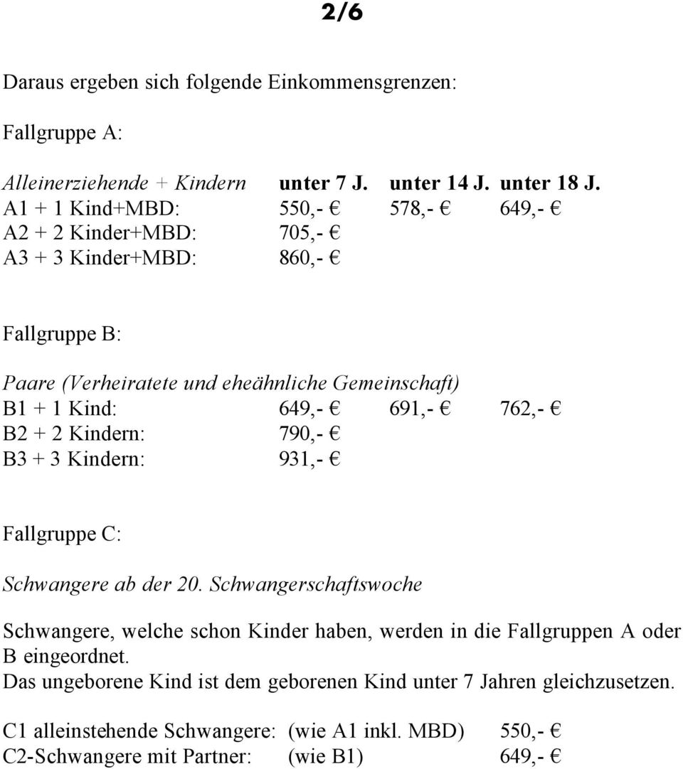 649,- 691,- 762,- B2 + 2 Kindern: 790,- B3 + 3 Kindern: 931,- Fallgruppe C: Schwangere ab der 20.