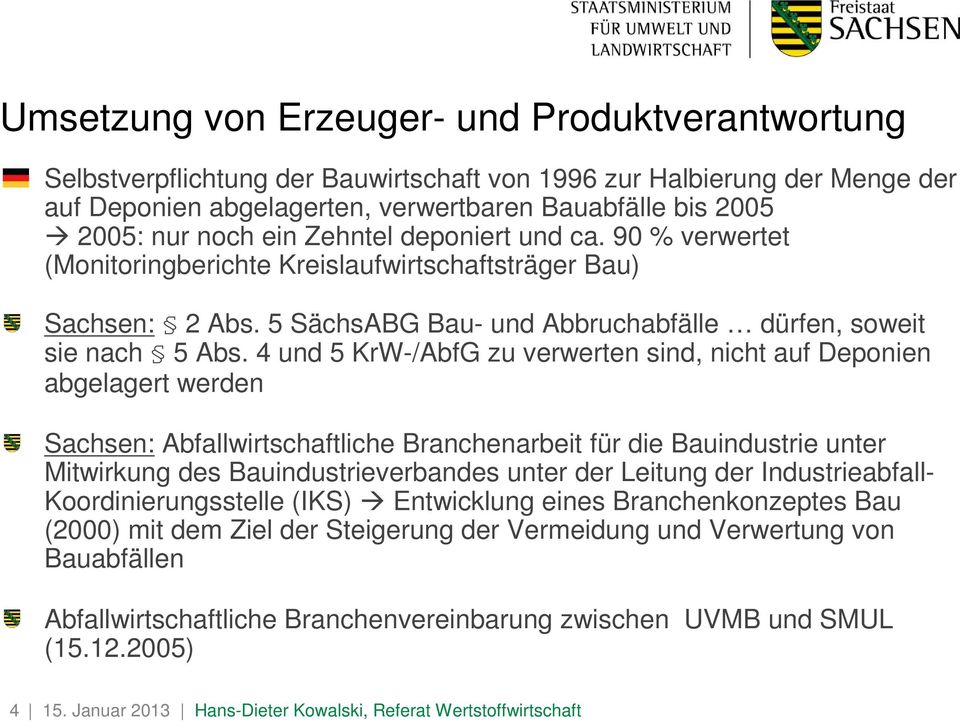 4 und 5 KrW-/AbfG zu verwerten sind, nicht auf Deponien abgelagert werden Sachsen: Abfallwirtschaftliche Branchenarbeit für die Bauindustrie unter Mitwirkung des Bauindustrieverbandes unter der