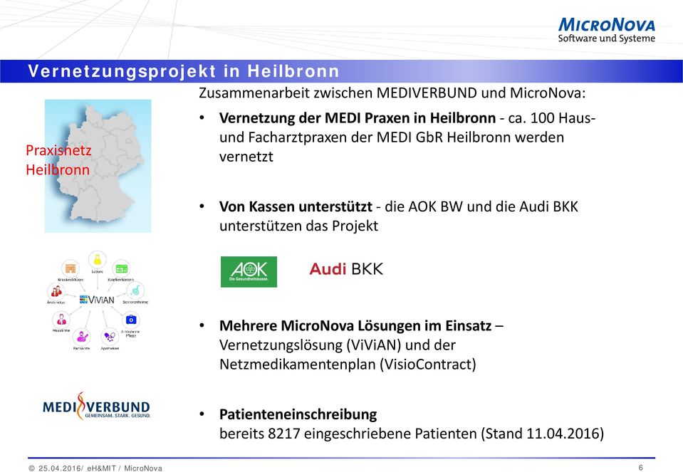 100 Hausund Facharztpraxen der MEDI GbR Heilbronn werden vernetzt Von Kassen unterstützt die AOK BW und die Audi BKK