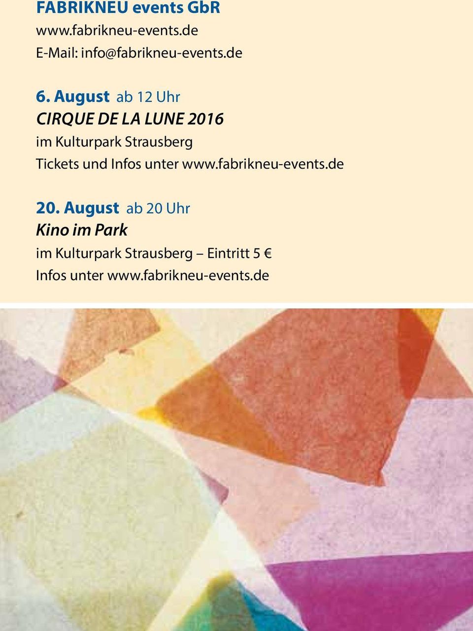 Tickets und Infos unter www.fabrikneu-events.de 20.