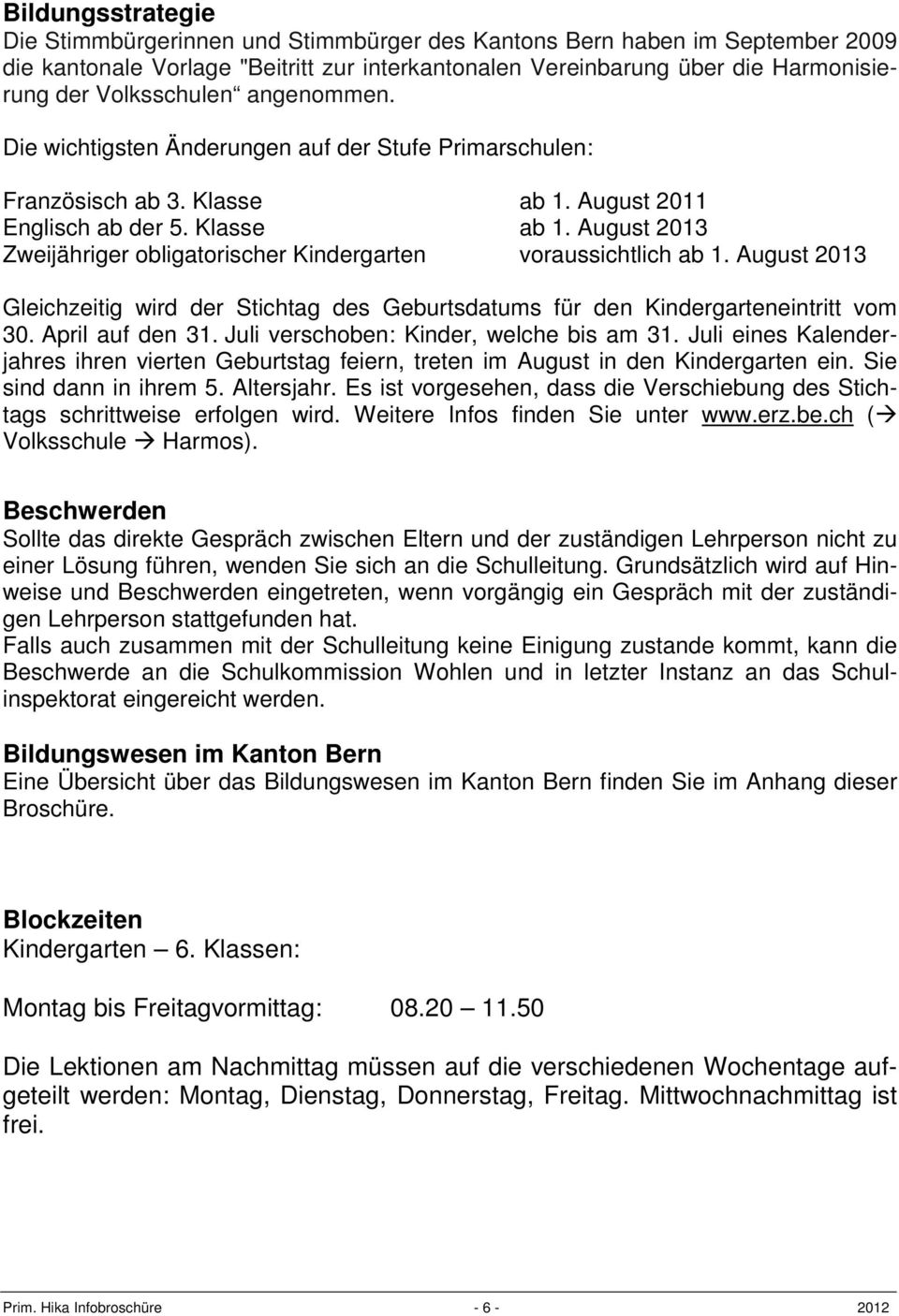 Kindergarten Und Primarschule Hinterkappelen Infobroschüre Ausgabe Pdf