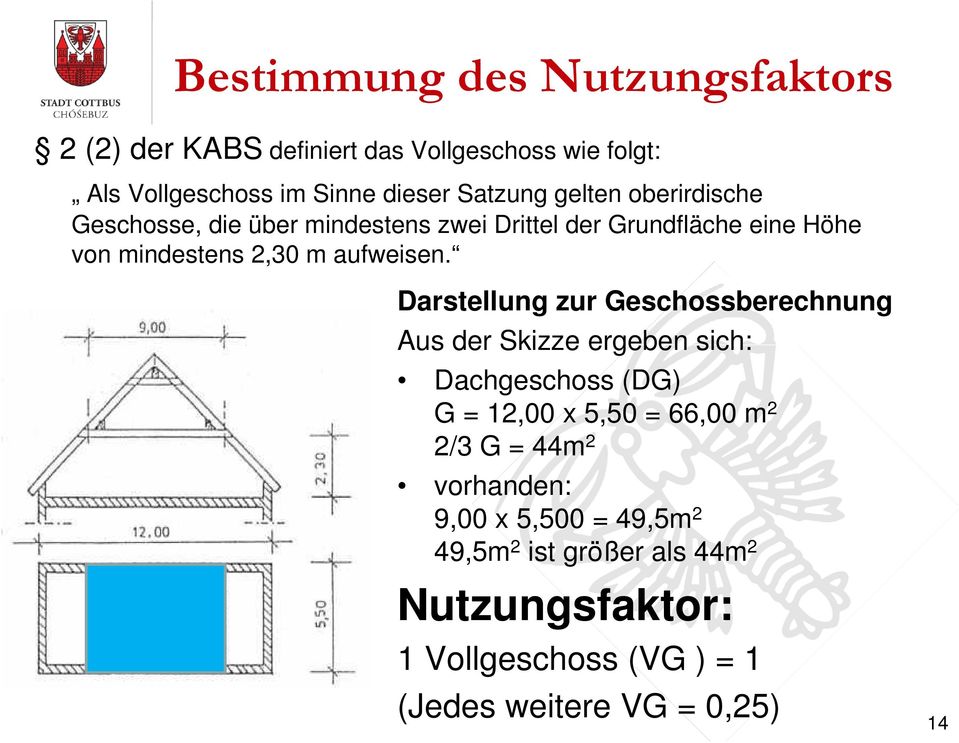 Darstellung zur Geschossberechnung Aus der Skizze ergeben sich: Dachgeschoss (DG) G = 12,00 x 5,50 = 66,00 m 2 2/3 G = 44m 2