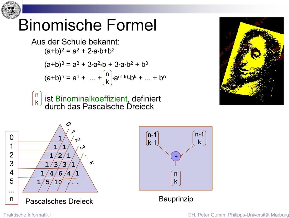 .. + b n ist Binominalkoeffizient, definiert k durch das Pascalsche Dreieck n k 0 1 2