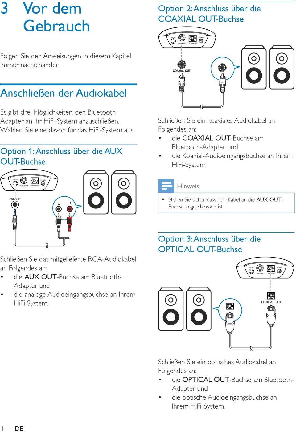 Option 1: Anschluss über die AUX OUT-Buchse Schließen Sie ein koaxiales Audiokabel an Folgendes an: die COAXIAL OUT-Buchse am Bluetooth-Adapter und die Koaxial-Audioeingangsbuchse an Ihrem