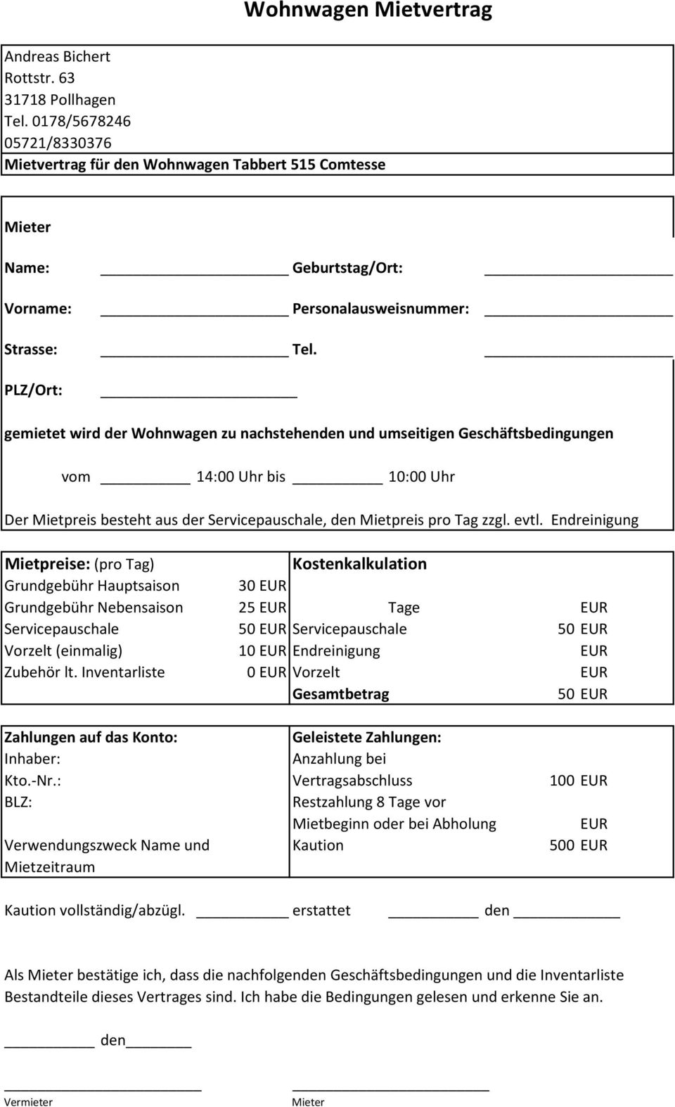 Wohnwagen Mietvertrag - PDF Kostenfreier Download