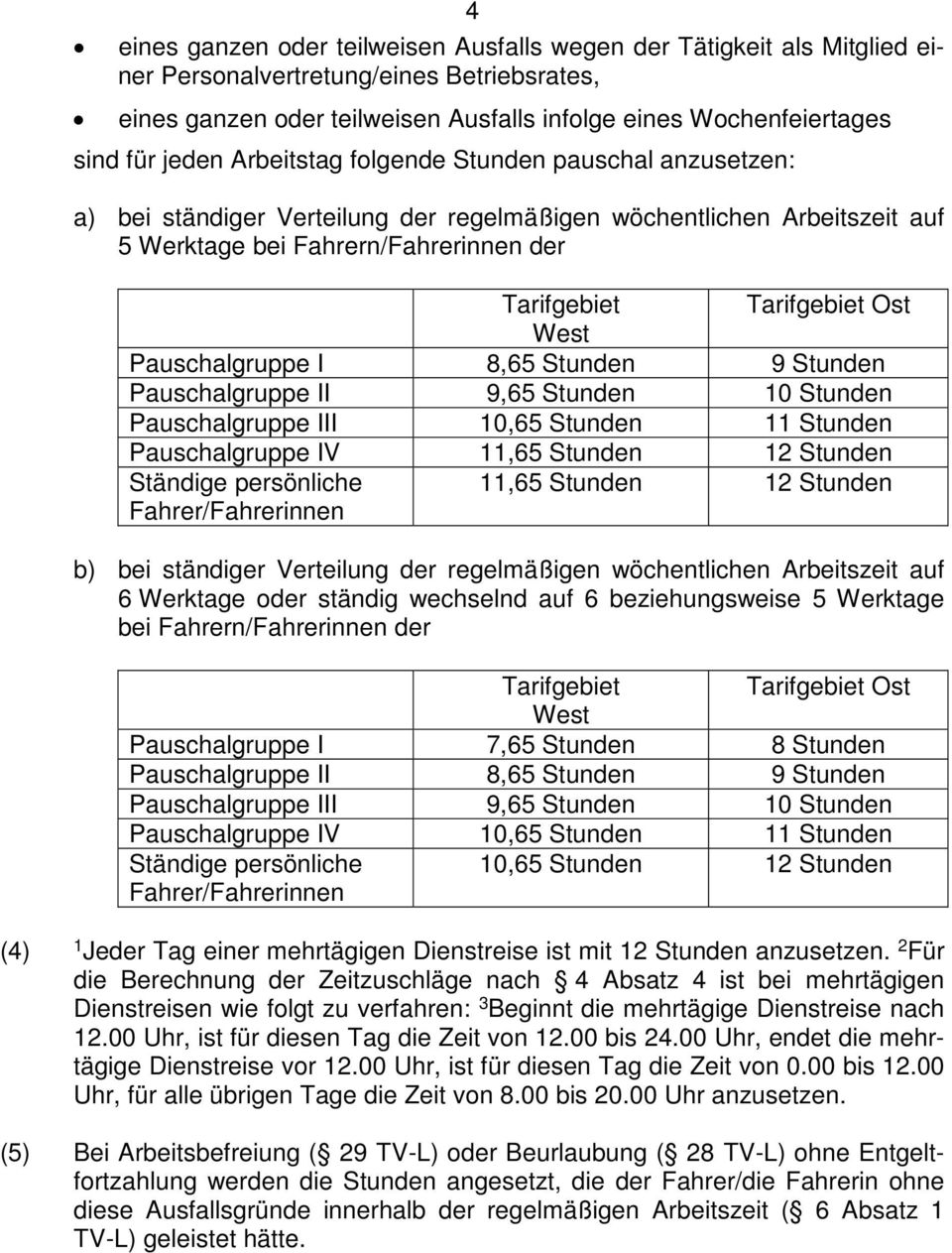 West Pauschalgruppe I 8,65 Stunden 9 Stunden Pauschalgruppe II 9,65 Stunden 10 Stunden Pauschalgruppe III 10,65 Stunden 11 Stunden Pauschalgruppe IV 11,65 Stunden 12 Stunden Ständige persönliche