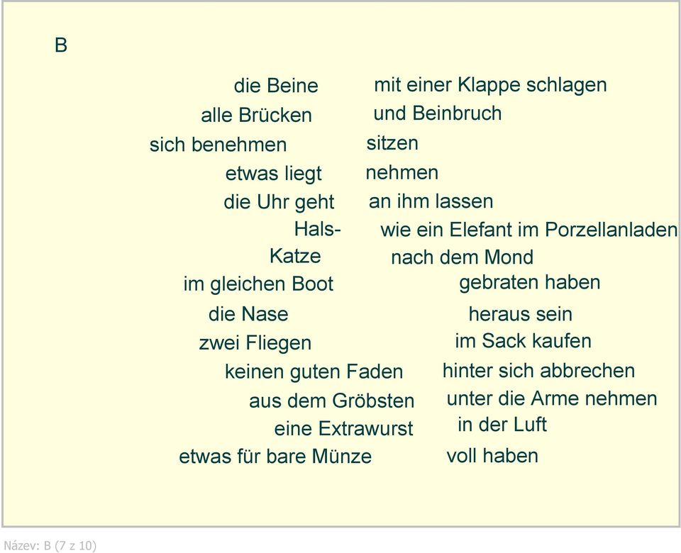 gebraten haben die Nase heraus sein zwei Fliegen im Sack kaufen keinen guten Faden hinter sich abbrechen