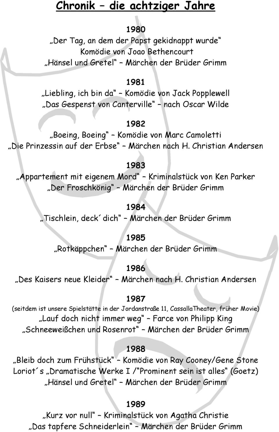 Christian Andersen 1983 Appartement mit eigenem Mord Kriminalstück von Ken Parker Der Froschkönig Märchen der Brüder Grimm 1984 Tischlein, deck dich Märchen der Brüder Grimm 1985 Rotkäppchen Märchen
