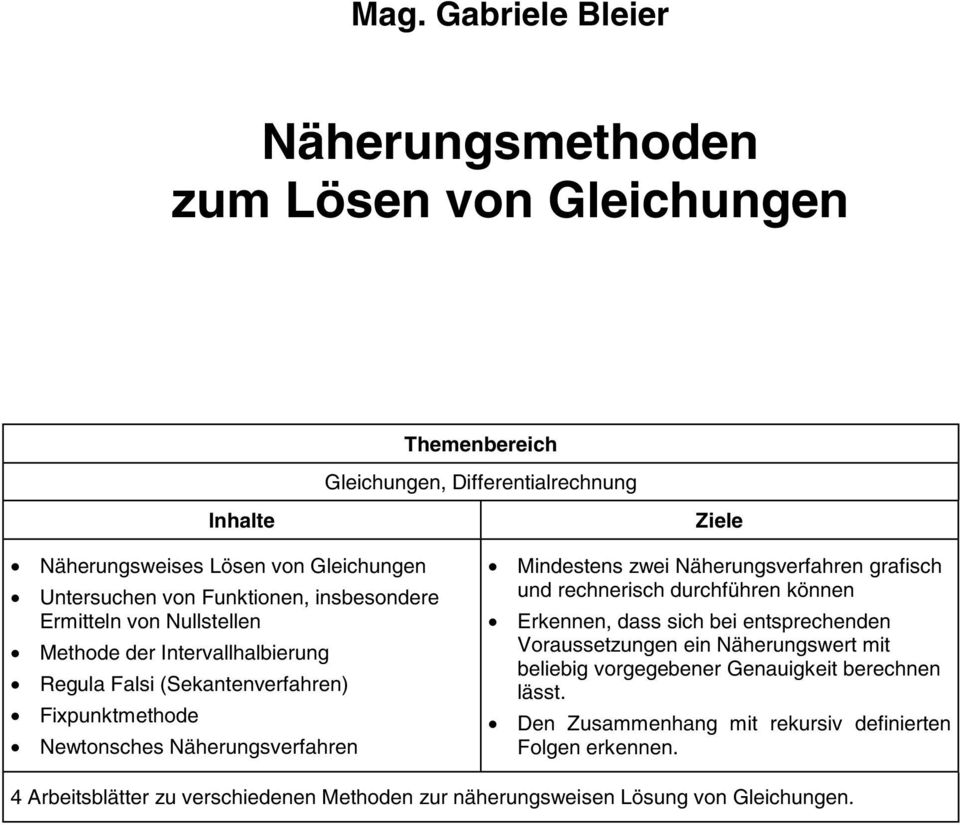 Mindestens zwei Näherungsverfahren grafisch und rechnerisch durchführen können Erkennen, dass sich bei entsprechenden Voraussetzungen ein Näherungswert mit beliebig