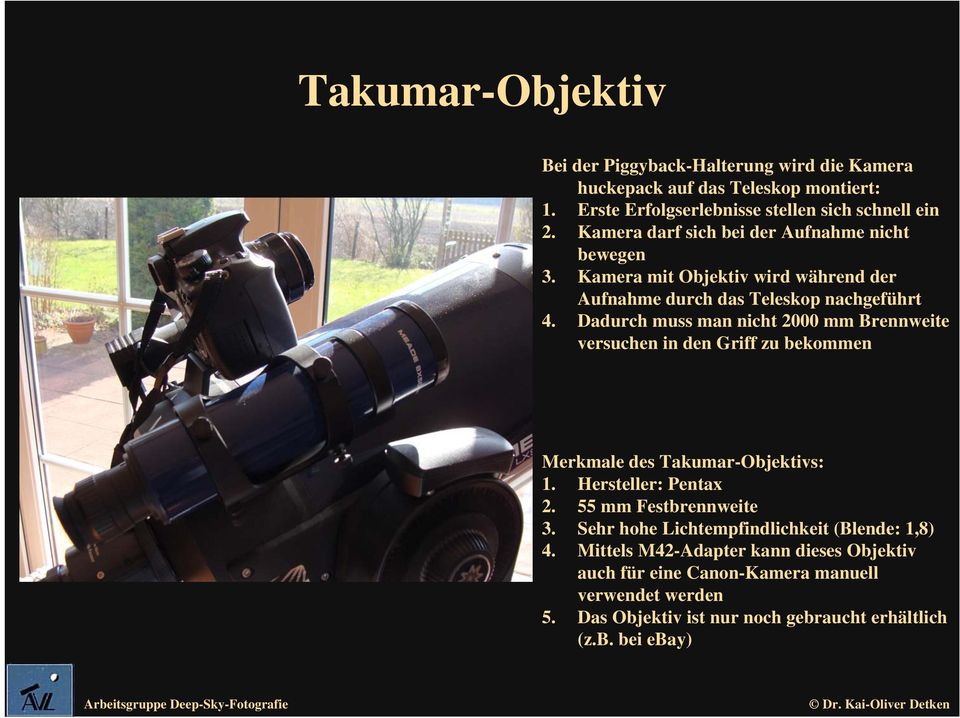 Dadurch muss man nicht 2000 mm Brennweite versuchen in den Griff zu bekommen Merkmale des Takumar-Objektivs: 1. Hersteller: Pentax 2. 55 mm Festbrennweite 3.