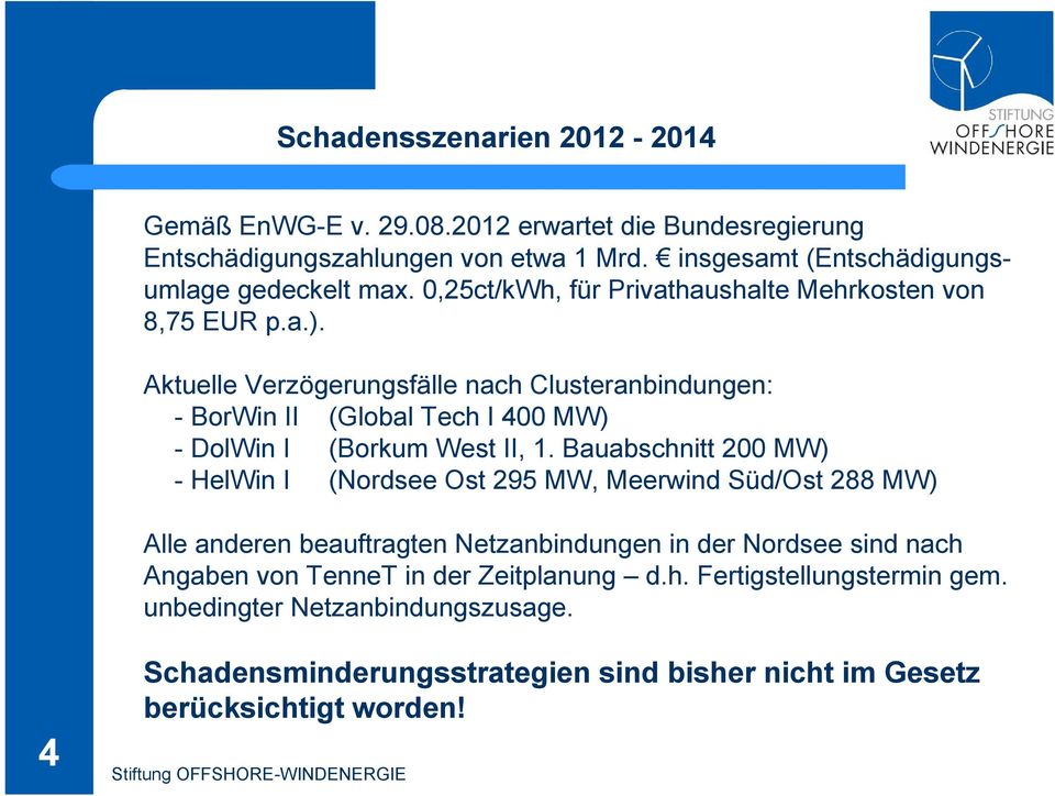 Aktuelle Verzögerungsfälle nach Clusteranbindungen: - BorWin II (Global Tech I 400 MW) - DolWin I (Borkum West II, 1.