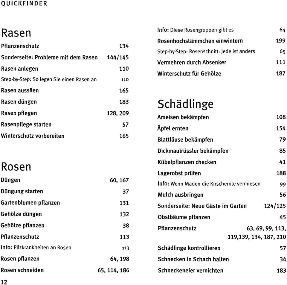 Winterschutz vorbereiten 183 128, 209 57 165 Schädlinge Ameisen bekämpfen Äpfel ernten Blattläuse bekämpfen 108 154 79 Dickmaulrüssler bekämpfen 85 Rosen Düngen 60,167 Düngung starten 37 Gartenblumen