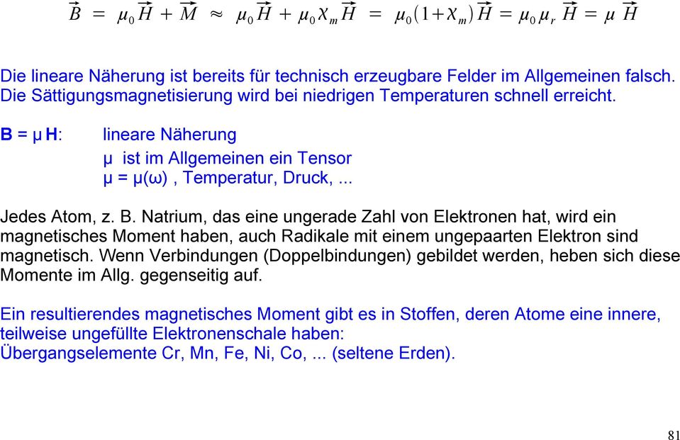 = µ H: lineare Näherung µ ist im Allgemeinen ein Tensor µ = µ(ω), Temperatur, Druck,... Jedes Atom, z. B.