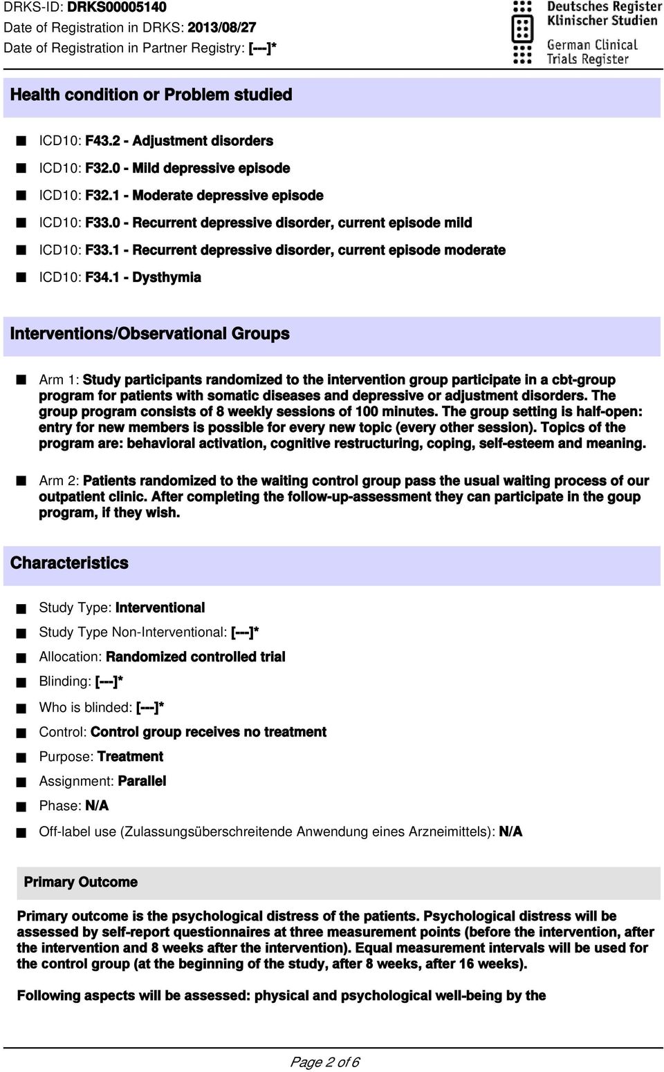 1 - Dysthymia Interventions/Observational Groups Arm 1: Study participants randomized to the intervention group participate in a cbt-group program for patients with somatic diseases and depressive or