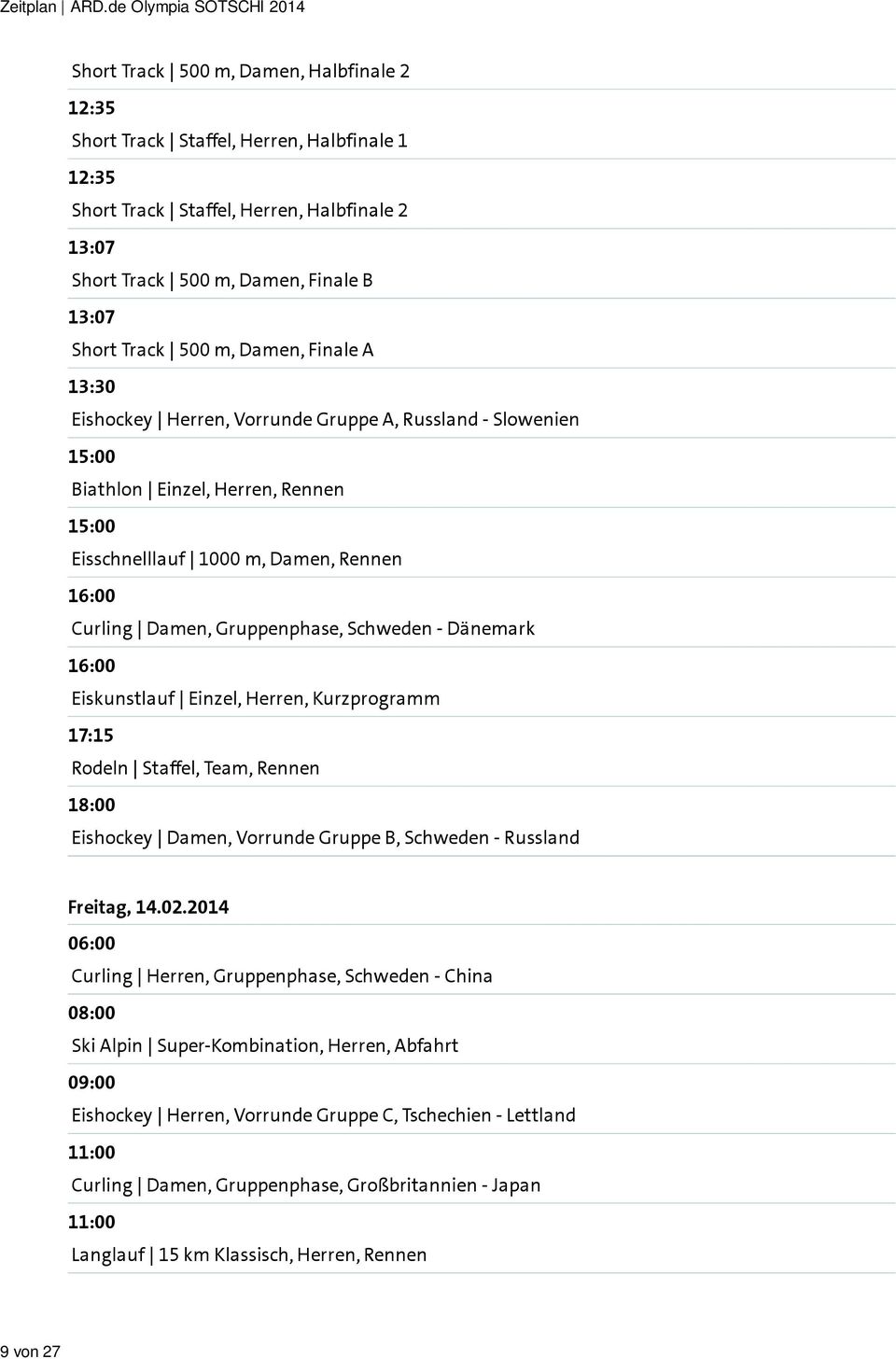 Gruppenphase, Schweden - Dänemark Eiskunstlauf Einzel, Herren, Kurzprogramm 17:15 Rodeln Staffel, Team, Rennen 18:00 Eishockey Damen, Vorrunde Gruppe B, Schweden - Russland Freitag, 14.02.
