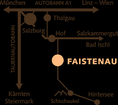 So finden Sie uns: Anfahrtswege: Auto: Westautobahn A1 Abfahrt Thalgau Bundesstraße über Hof nach Faistenau Bahn: Hauptbahnhof Salzburg umsteigen in Bus 155 oder 150 nach Faistenau (Salzburger