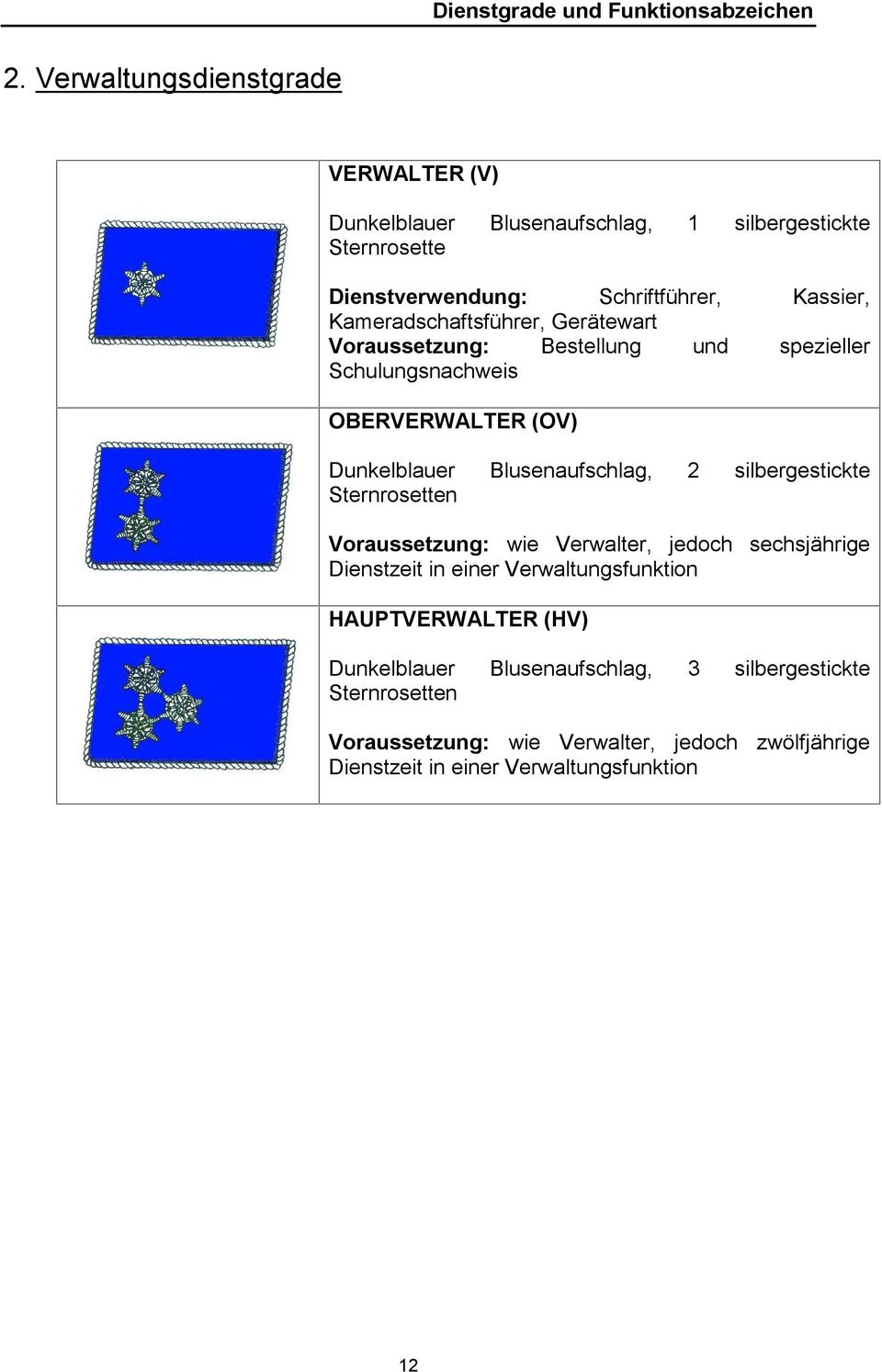 silbergestickte Sternrosetten Voraussetzung: wie Verwalter, jedoch sechsjährige Dienstzeit in einer Verwaltungsfunktion HAUPTVERWALTER (HV)