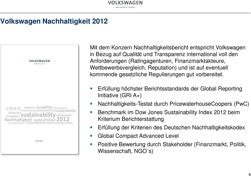 Erfüllung höchster Berichtsstandards der Global Reporting Initiative (GRI A+) Nachhaltigkeits-Testat durch PricewaterhouseCoopers (PwC) Benchmark im Dow Jones Sustainability