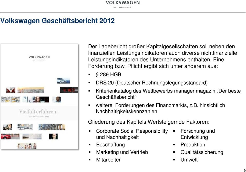 Pflicht ergibt sich unter anderem aus: 289 HGB DRS 20 (Deutscher Rechnungslegungsstandard) Kriterienkatalog des Wettbewerbs manager magazin Der beste Geschäftsbericht