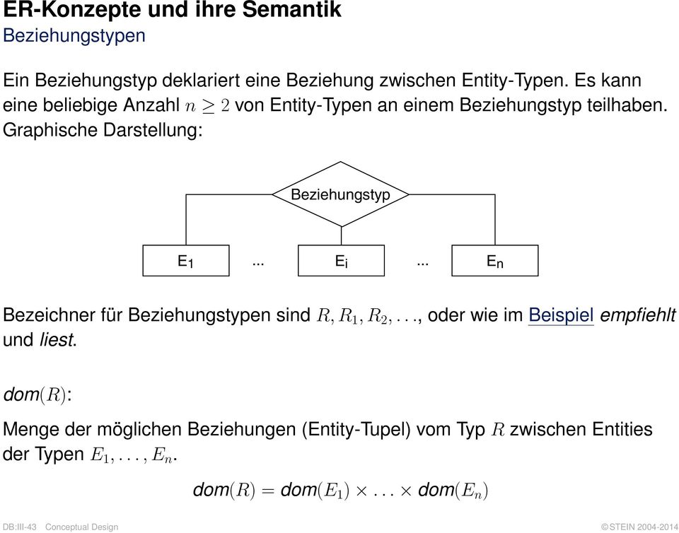 Graphische Darstellung: Beziehungstyp E 1... E i... E n Bezeichner für Beziehungstypen sind R, R 1, R 2,.