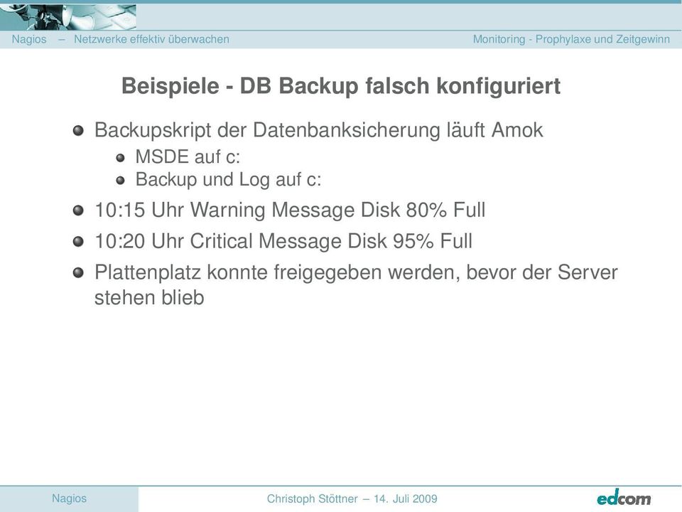 c: Backup und Log auf c: 10:15 Uhr Warning Message Disk 80% Full 10:20 Uhr Critical