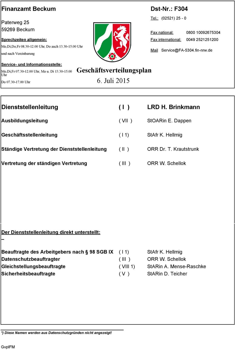 00 Uhr Geschäftsverteilungsplan 6. Juli 2015 Dienststellenleitung ( I ) LRD H. Brinkmann Ausbildungsleitung ( VII ) StOARin E. Dappen Geschäftsstellenleitung ( I 1) StAfr K.